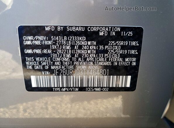 JF2BURJD3TY464801 2026 SUBARU OUTBACK Gray VIN კოდის სტიკერის ხედი