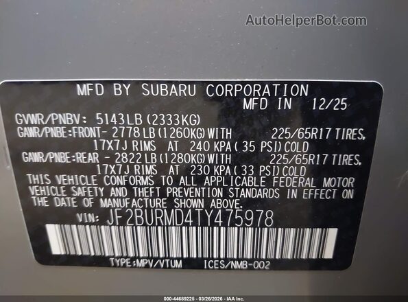 JF2BURMD4TY475978 2026 SUBARU OUTBACK Серый Вид подкапотного пространства