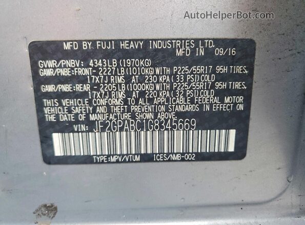 JF2GPABC1G8345669 2016 SUBARU CROSSTREK Серебряный Вид наклейки с VIN-кодом