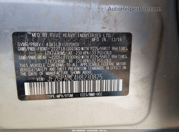 JF2GPABC4H8230825 2017 SUBARU CROSSTREK Серебряный Вид подкапотного пространства