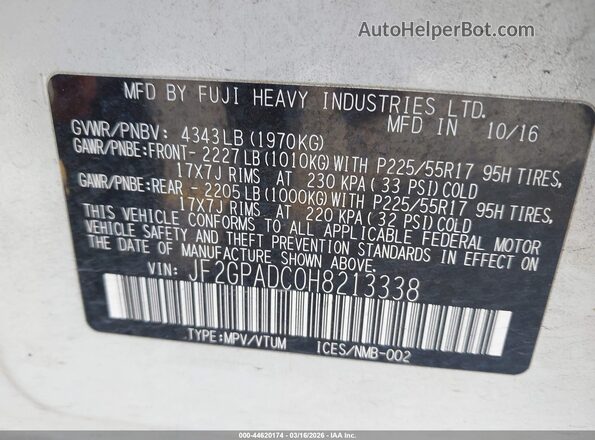 JF2GPADC0H8213338 2017 SUBARU CROSSTREK Белый Вид подкапотного пространства