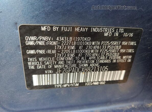 JF2GPADCXH8213105 2017 SUBARU CROSSTREK Синий Вид наклейки с VIN-кодом