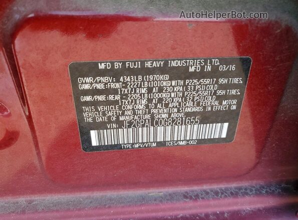 JF2GPALC0G8281655 2016 SUBARU CROSSTREK Красный Вид наклейки с VIN-кодом