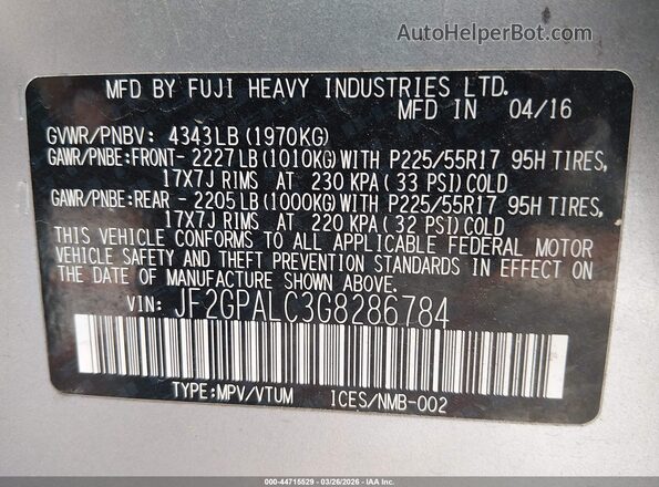 JF2GPALC3G8286784 2016 SUBARU CROSSTREK Silver Вид підкапотного простору