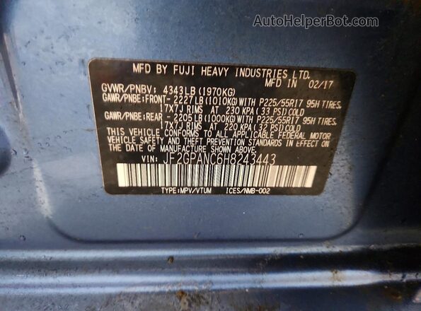 JF2GPANC6H8243443 2017 SUBARU CROSSTREK Blue Widok komory silnika