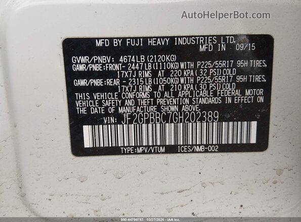 JF2GPBBC7GH202389 2016 SUBARU CROSSTREK HYBRID White Engine compartment view
