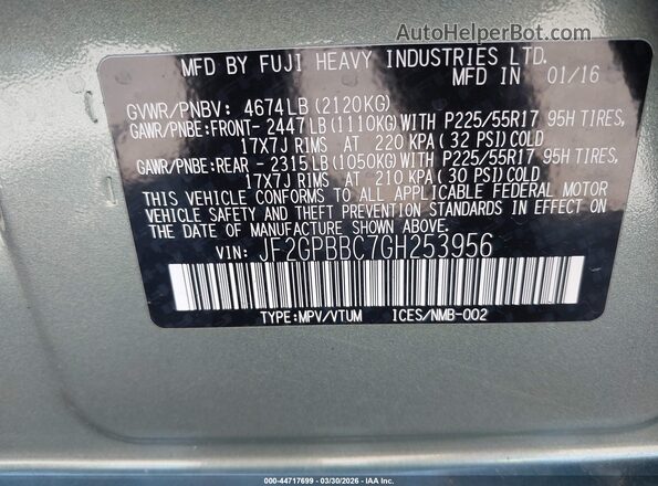 JF2GPBBC7GH253956 2016 SUBARU CROSSTREK HYBRID Gray Widok komory silnika