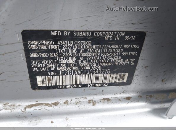 JF2GTAAC1JG343270 2018 SUBARU CROSSTREK Серебряный Вид подкапотного пространства