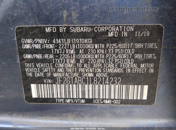 JF2GTABC1L8214232 2020 SUBARU CROSSTREK Синий Вид подкапотного пространства