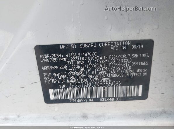 JF2GTABC2K8355082 2019 SUBARU CROSSTREK White Vista del compartimento del motor