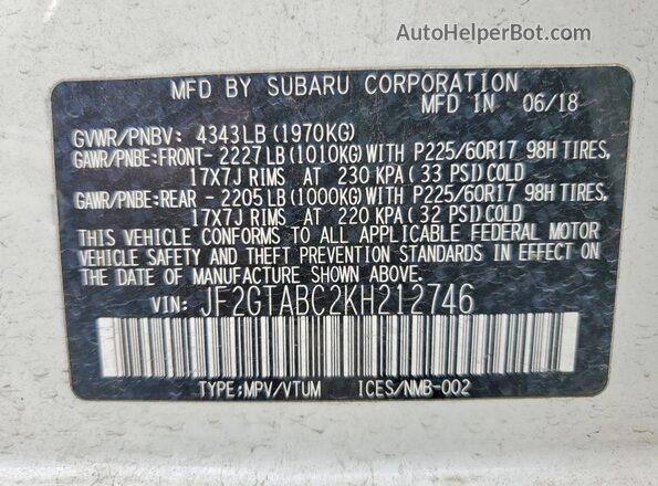 JF2GTABC2KH212746 2019 SUBARU CROSSTREK White Vista de la etiqueta del VIN