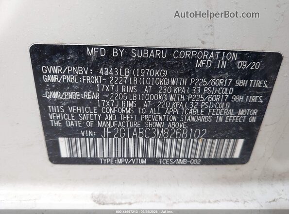 JF2GTABC3M8268102 2021 SUBARU CROSSTREK White Engine compartment view