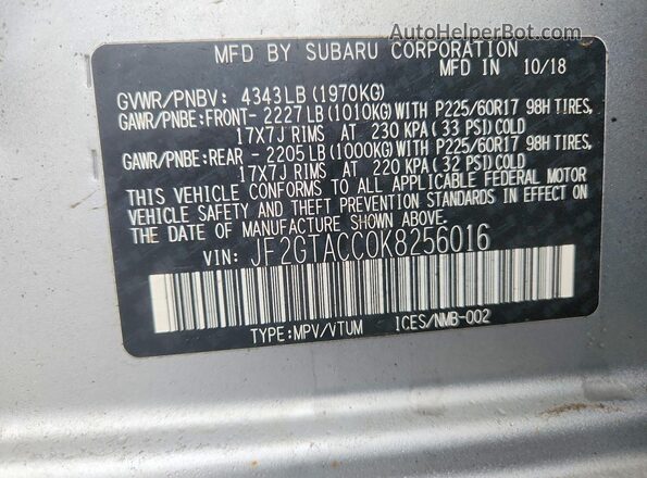 JF2GTACC0K8256016 2019 SUBARU CROSSTREK Silver Widok wnętrza 360 stopni