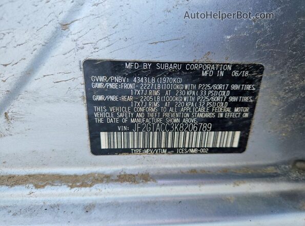 JF2GTACC3K8206789 2019 SUBARU CROSSTREK Silver Панорамний вид салону 360°
