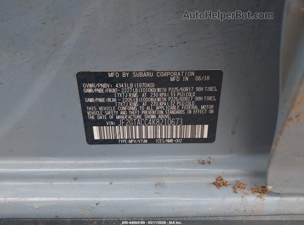 JF2GTACC4K8210673 2019 SUBARU CROSSTREK Light Blue ძრავის განყოფილების ხედი