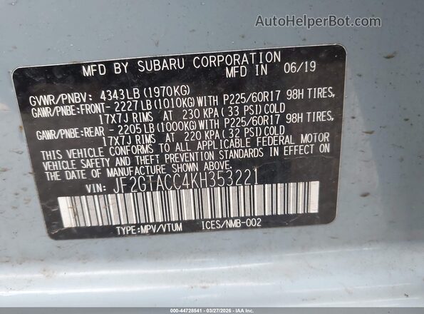JF2GTACC4KH353221 2019 SUBARU CROSSTREK Синий Вид подкапотного пространства