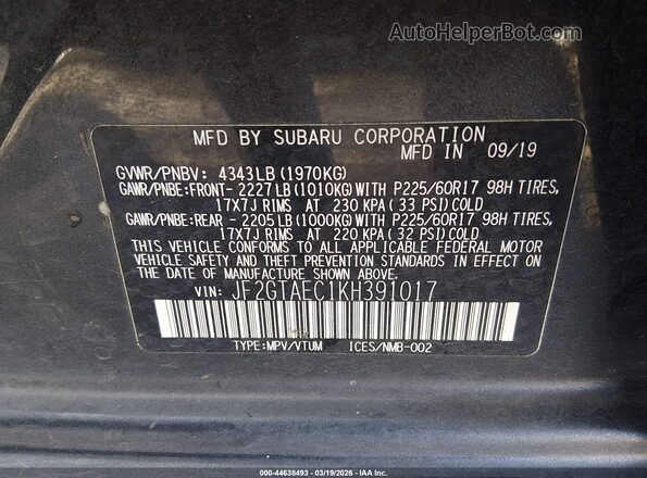 JF2GTAEC1KH391017 2019 SUBARU CROSSTREK Серый Вид подкапотного пространства