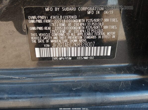JF2GTAEC2KH328007 2019 SUBARU CROSSTREK Gray ძრავის განყოფილების ხედი