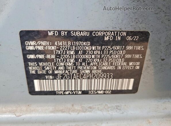 JF2GTAEC4PH209933 2023 SUBARU CROSSTREK Blue Widok naklejki z numerem VIN