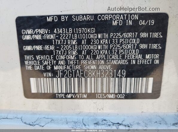 JF2GTAEC8KH323149 2019 SUBARU CROSSTREK White Вид підкапотного простору