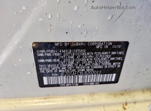 JF2GTAECXL8202012 2020 SUBARU CROSSTREK White VIN კოდის სტიკერის ხედი