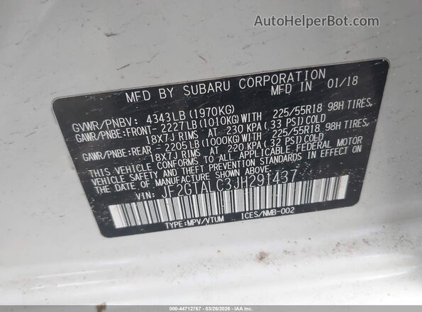 JF2GTALC3JH291437 2018 SUBARU CROSSTREK Белый Вид подкапотного пространства