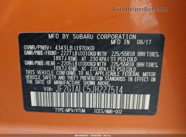JF2GTALC5JH227514 2018 SUBARU CROSSTREK Оранжевый Вид подкапотного пространства