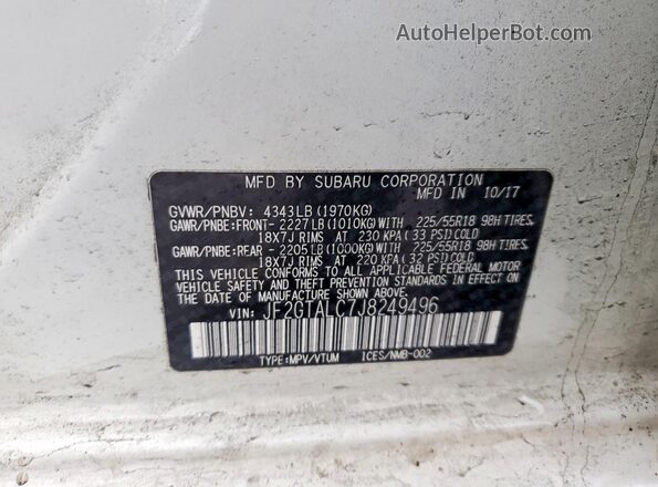 JF2GTALC7J8249496 2018 SUBARU CROSSTREK Белый Вид наклейки с VIN-кодом