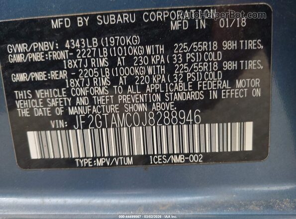 JF2GTAMC0J8288946 2018 SUBARU CROSSTREK Blue Engine compartment view