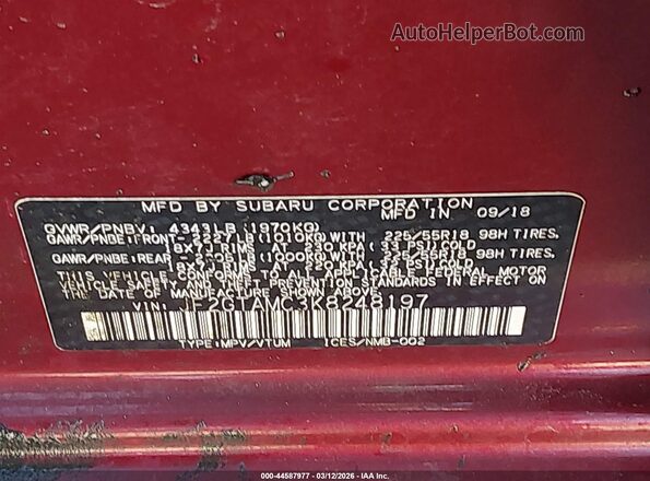 JF2GTAMC3K8248197 2019 SUBARU CROSSTREK Красный Вид подкапотного пространства