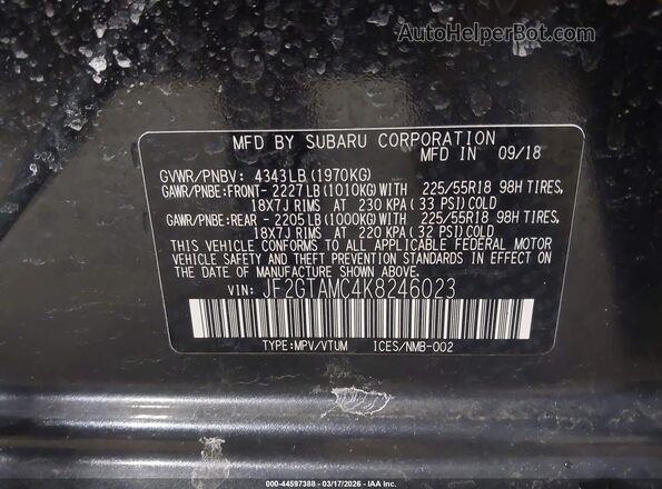 JF2GTAMC4K8246023 2019 SUBARU CROSSTREK Gray ძრავის განყოფილების ხედი