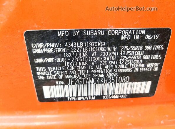 JF2GTAMC4KH351080 2019 SUBARU CROSSTREK Orange Widok naklejki z numerem VIN