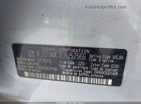 JF2GTAMC7L8257566 2020 SUBARU CROSSTREK Silver Widok komory silnika