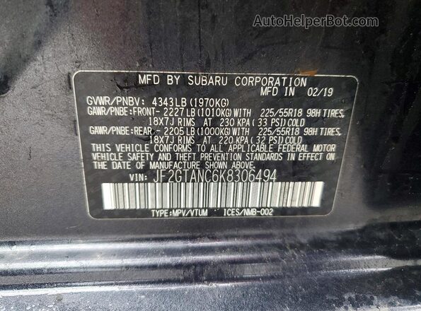 JF2GTANC6K8306494 2019 SUBARU CROSSTREK Charcoal VIN კოდის სტიკერის ხედი