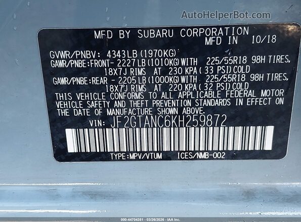 JF2GTANC6KH259872 2019 SUBARU CROSSTREK Light Blue Vista del compartimento del motor