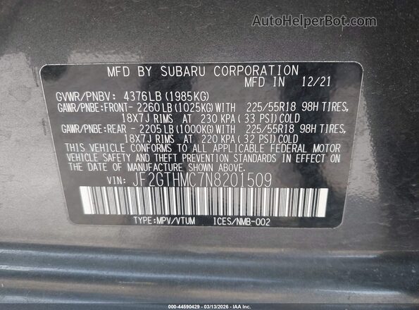 JF2GTHMC7N8201509 2022 SUBARU CROSSTREK Серый Вид подкапотного пространства