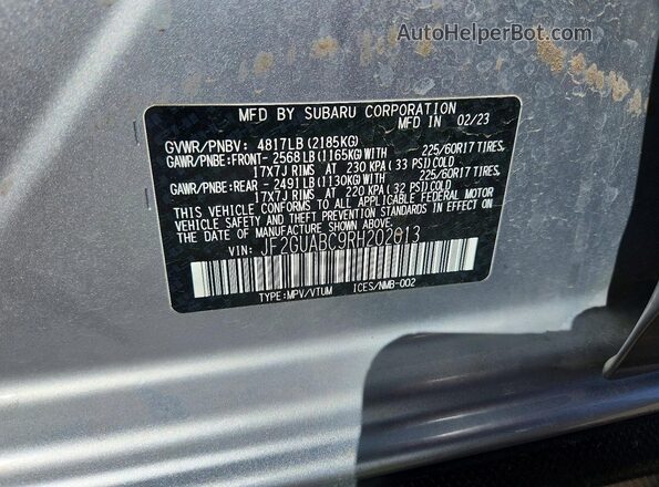 JF2GUABC9RH202013 2024 SUBARU CROSSTREK Silver Widok naklejki z numerem VIN