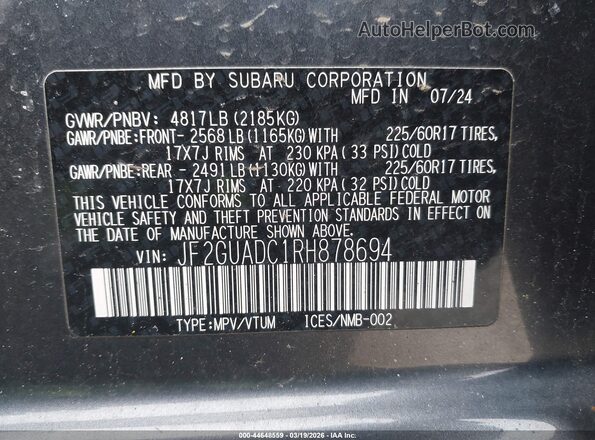 JF2GUADC1RH878694 2024 SUBARU CROSSTREK Серый Вид подкапотного пространства