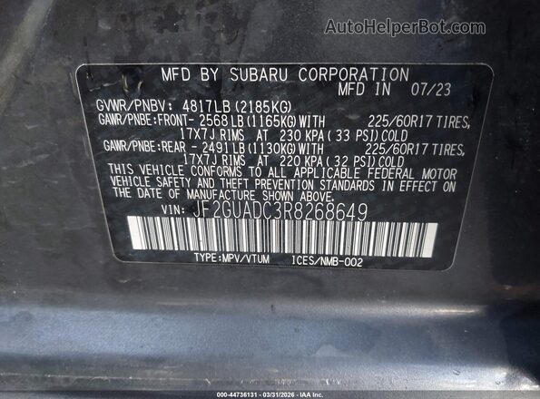 JF2GUADC3R8268649 2024 SUBARU CROSSTREK Серый Вид подкапотного пространства
