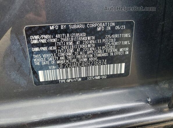 JF2GUADC4RH236874 2024 SUBARU CROSSTREK Gray Widok naklejki z numerem VIN