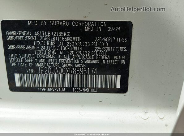 JF2GUADCXR8896174 2024 SUBARU CROSSTREK White Շարժիչի բաժամունքի տեսք