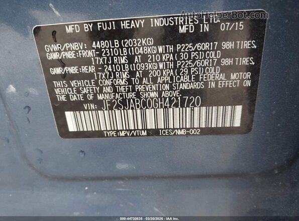 JF2SJABC0GH421720 2016 SUBARU FORESTER 2.5 Blue Widok komory silnika