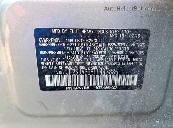 JF2SJABC8HH443885 2017 SUBARU FORESTER Серебряный Вид наклейки с VIN-кодом