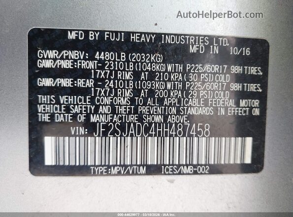 JF2SJADC4HH487458 2017 SUBARU FORESTER 2.5 Серебряный Вид подкапотного пространства