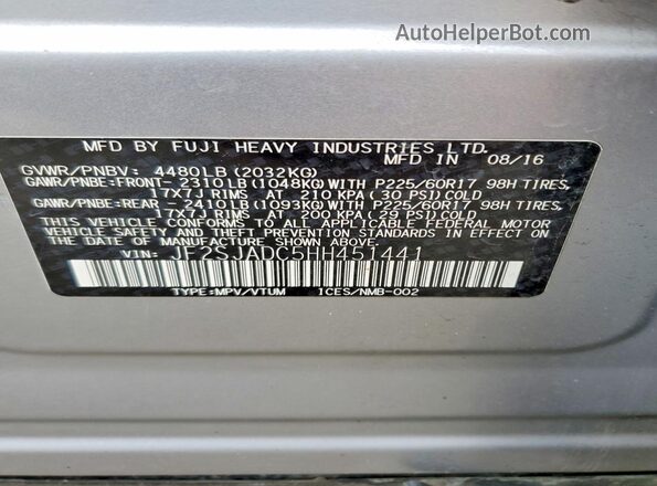 JF2SJADC5HH451441 2017 SUBARU FORESTER 2.5 Серый Вид подкапотного пространства