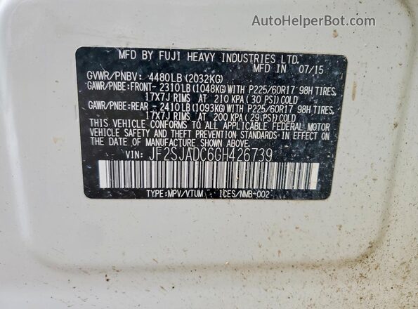 JF2SJADC6GH426739 2016 SUBARU FORESTER 2.5 White Widok wnętrza 360 stopni