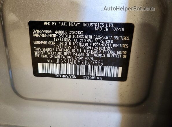 JF2SJADC8GH527829 2016 SUBARU FORESTER 2.5 Серебряный Вид наклейки с VIN-кодом