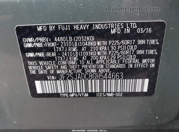 JF2SJADC8GH544663 2016 SUBARU FORESTER 2.5 Зеленый Вид подкапотного пространства