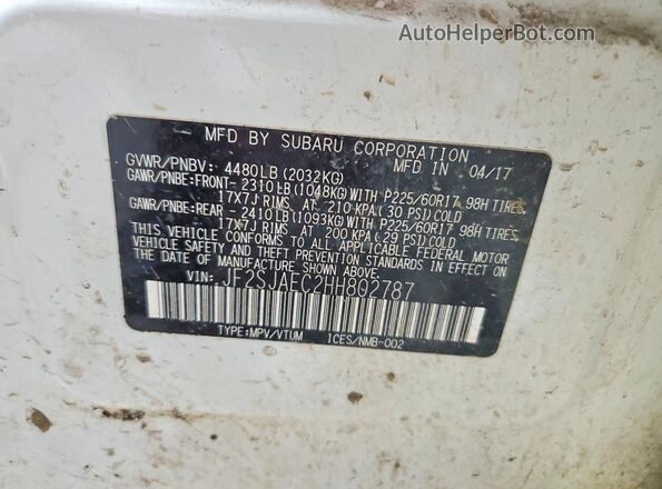 JF2SJAEC2HH802787 2017 SUBARU FORESTER 2.5 Белый Вид наклейки с VIN-кодом