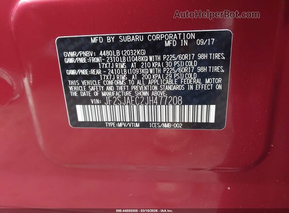 JF2SJAEC2JH477208 2018 SUBARU FORESTER 2.5 Красный Вид подкапотного пространства